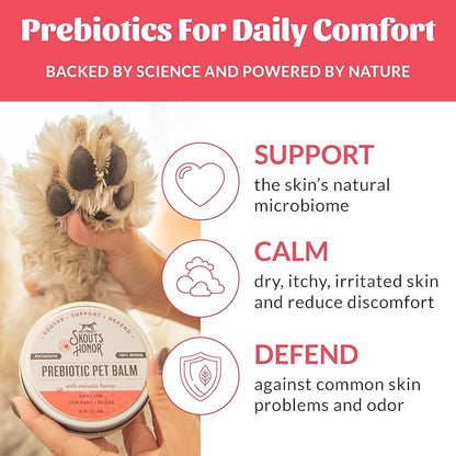 SKOUT'S HONOR Prebiotic Pet Balm - 100% Natural and Made w/Manuka Honey to Promote Healing of Your pet's paw Pads and Nose, Soothes Dry, Itchy Paws and Noses - Safe for Cats and Dogs, 2oz