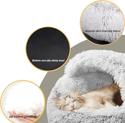 YUDANSI Cat Bed Hooded for Indoor Cats, Dog Bed with Large Covered Hood for Small Dogs Cats Puppy Kitty, Anti Anxiety Donut Cuddler, Anti Slip Plush Faux Fur Enclosed Pet Nest (Washable)(Gray-20inch)