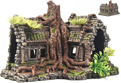 PTFJZ Aquarium Decorations Large Fish Tank Ornament Reptile House Shelter Decor Aquarium Hides with Betta Cave Temple Ruins Tree House Aquarium Landscape Decoration