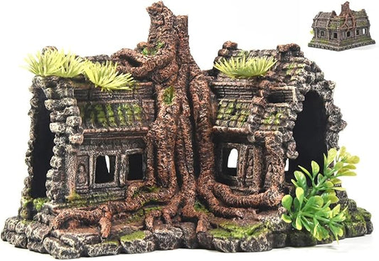 PTFJZ Aquarium Decorations Large Fish Tank Ornament Reptile House Shelter Decor Aquarium Hides with Betta Cave Temple Ruins Tree House Aquarium Landscape Decoration