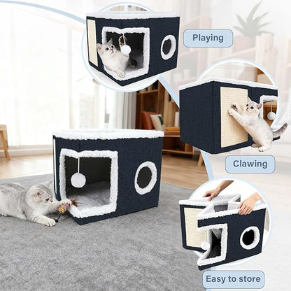 Cat Beds for Indoor Cats,Cat Cave,Cat Scratch House,Foldable Cat Cave Bed for Large and Small Pets,Fluffy Ball and Scratch Pad,16.14x16.14x12.2in,Navy Blue