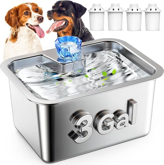 Stainless Steel Dog Water Fountain, 3 Gallon Extra Large Pet Fountains for Large Dogs, Great Dane Waterer Automatic Dog Bowl Dispenser,Filter Drinking Bowls for Multi Pets, Easy to Clean, Quiet Pump