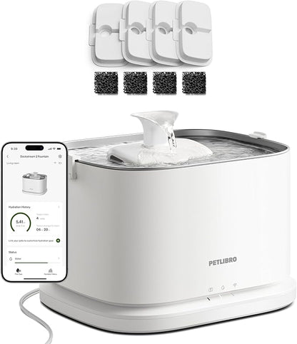 PETLIBRO Upgrade Cat Water Fountain + 4 Packs Genuine Cat Fountain Filter Replacement, Dockstream 2 Smart App Monitoring 5G WiFi Auto Cat Fountain Stainless Steel Tray for Drinking, 3L/101oz