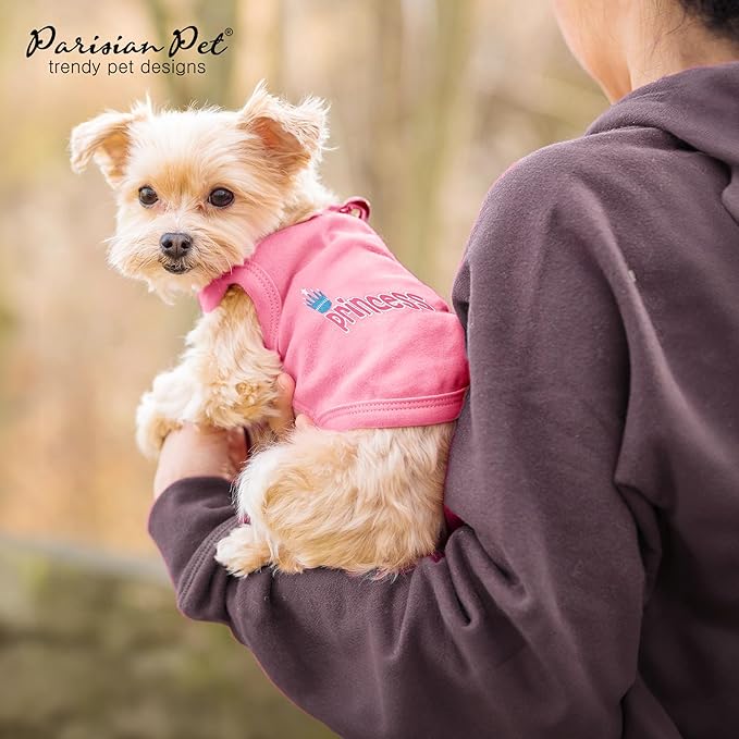 Parisian Pet Dog T-Shirt - Embroidered ' Princess' Breathable Pink Dog Shirt - Sleeveless Pet Vest - Princess Dog Clothes - Machine Washable Dog Shirts for Small Dogs - XS