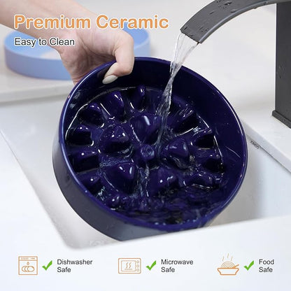 Sted Ceramic Slow Feeder Dog Bowl for Medium Large Breed, Puzzle Dog Food Bowl with Silicone Base, Maze Blue