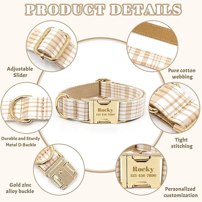 Custom Personalized Dog Collars with Pet Name/Phone Number Engraved Gold Metal Buckle - Soft Adjustable Collar for Small Medium Large Dogs (Plaid)
