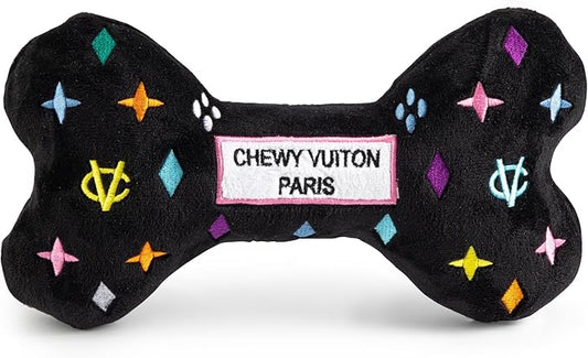 Haute Diggity Dog Black Monogram Chewy Vuiton Bone, Plush Designer Dog Toys with Interactive Squeaker, Stimulating Pet Enrichment, Machine-Washable & Safe Materials for All Breeds, Size XL