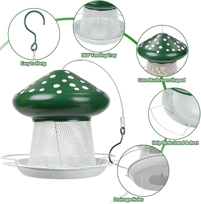 IWNTWY Bird Feeder, Heavy Duty Metal Bird Feeders for Outdoor Hanging, Cute Mushroom Shape Wild Birdfeeder for Outside Garden Yard (Green)