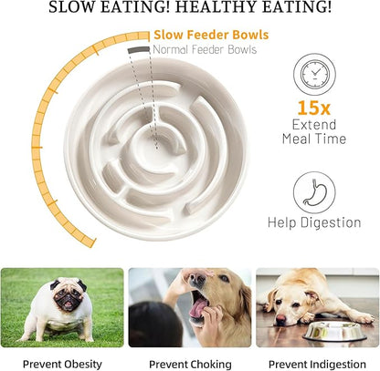 Ceramic Slow Feeder Dog Bowl,1.5 Cups Pet Slow Feeder for Small and Medium Breed,Puzzle Dog Food Dish,Anti-Gulping,Stop Bloat,Preventing Choking(White)