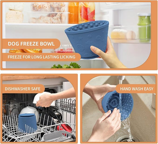 Dog Lick Bowl with Brush Scraper,Anxiety Relief Non-Slip Treat Dispenser,Durable Anti-Choking Enrichment Slow Feeder Licking Bowl for Medium Large Breed,Freezable BPA Free Silicone Dishwasher Safe