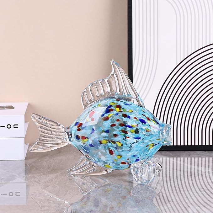 LCCCK Large Hand Blown Glass Fish Figurines, Aquarium Sea Glass Art, Fish Statue Sculpture Modern Coastal Accent - for Beach Knick Knacks, Coffee Tables, Nautical Offices Centerpiece (Aqua)