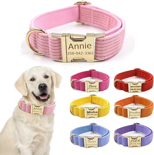 Custom Personalized Dog Collars with Pet Name/Phone Number Engraved Gold Metal Buckle - Adjustable Sizes Soft Stripe Velvet Collar for Small Medium Large Dogs - Dog Leash and Bow Tie Available