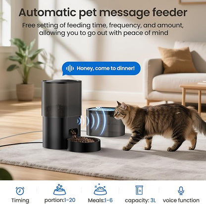 Automatic Cat Feeder and Water Fountain 5G WiFi Cat Food Dispensers, APP Remote Control, Programmable Timed Feeding,Dry Food Smart Feeder 10s Voice Recorder 1-10 Meals/Day for Cats Small Dogs