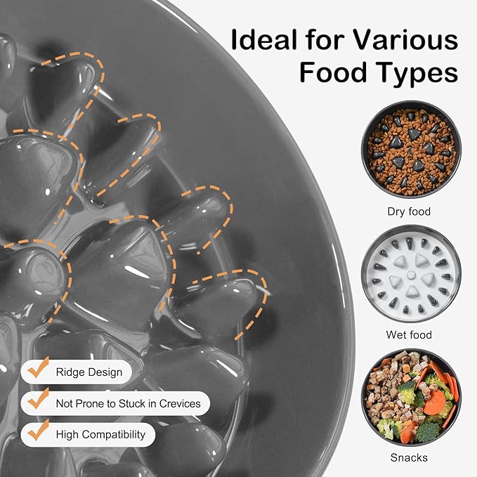 Sted Ceramic Slow Feeder Dog Bowl for Medium Large Breed, Puzzle Dog Food Bowl with Silicone Base, Maze Grey