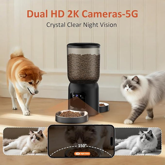 Automatic Cat Feeder with Camera for 2 Cats, 2K HD Video with Night Vision, 5G/2.4G WiFi with 2-Way Audio, Timed Automatic Cat Feeders for Cat & Dog, Dual Power, Black