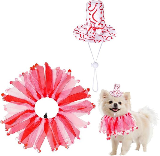 2Pcs Dog Valentines Outfit Costume Set, Dog Love Heart Hat and Collar Set for Small Medium Pets Dogs Cats Holiday Party Props