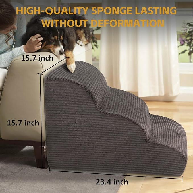 Curved Dog Stairs Ramp for Beds Couches and Chair, 15.7" H, 3-Step Dog Steps for Small Dogs, Pet Stairs for Cats with Non-Slip, Removable and Washable Cover,Balanced Pet Steps Indoor, Deep Grey