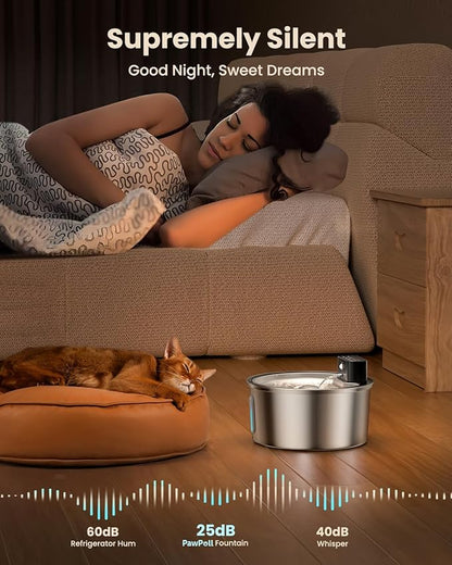 Wireless Cat Water Fountain Stainless Steel - 3.2L/108oz Cordless Pet Water Fountain Battery Operated Cat Water Dispenser Ultra Silent Rechargeable Water Fountains for Cats and Dogs