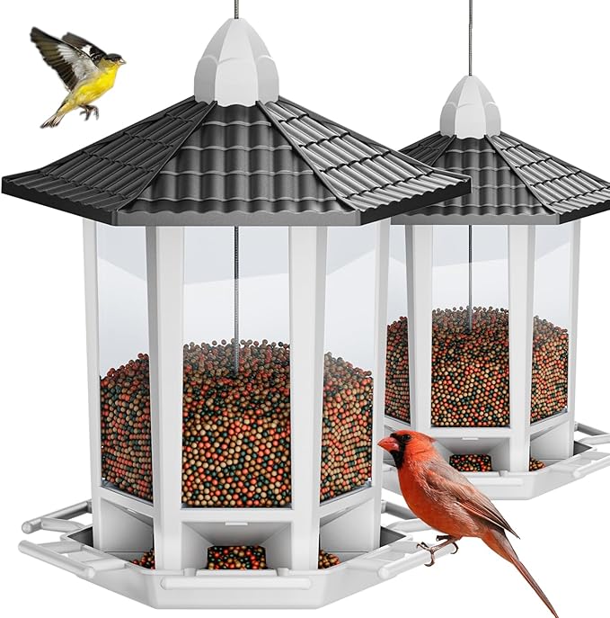 Birdream 2 Pack Bird Feeders for Outdoor Hanging, Retro Pagoda Design Fun Installation Bird Feeder, Attracting Wild Birds Chickadees Goldfinches Cardinals Finches and Sparrows - Black&White