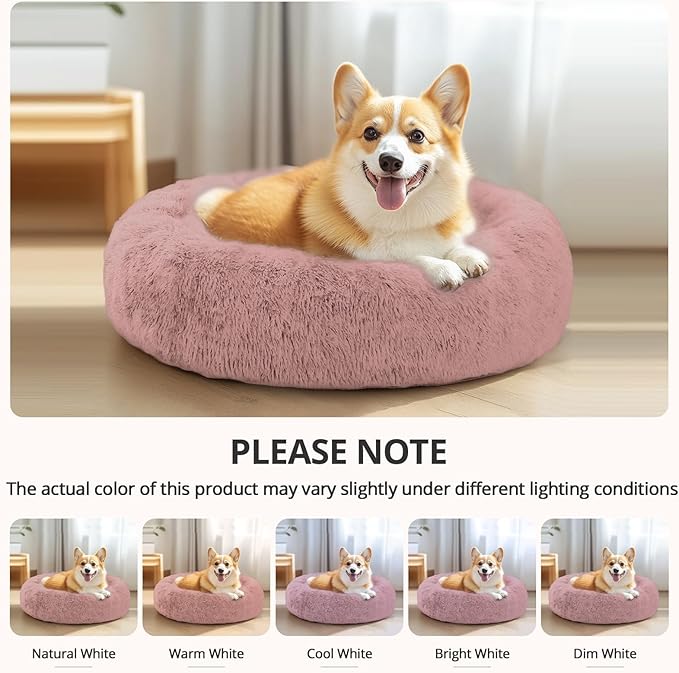 JOLLYVOGUE Small Dog & Cat Beds for Indoor Cats, Donut Cuddler Warming Soft Dog Beds with Anti-Slip Bottom, Round Calming Fluffy Plush Faux Fur Cushion Bed for Small Dogs (20", Dark Pink)