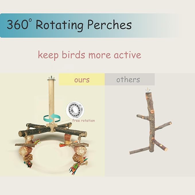 Bird Perch 360° Rotating Perch with Natural Chew Toys - Spinning Bird Toys Cage Accessories- Parrot Wooden Stand for Small and Medium Birds (Parakeets, Budgies, Cockatiels, Conures, Finches)