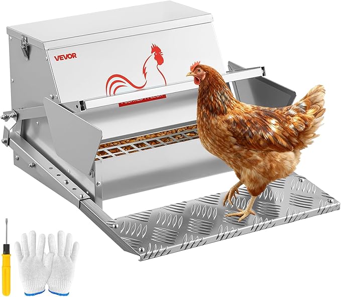 VEVOR Automatic Chicken Feeder, 25 lbs Upgraded Rainproof Treadle Poultry Feeder with Lockable Lid, No Waste, Galvanized Steel Construction, Outdoor Use, for Chicken, Bantams, Poultry, Pheasants