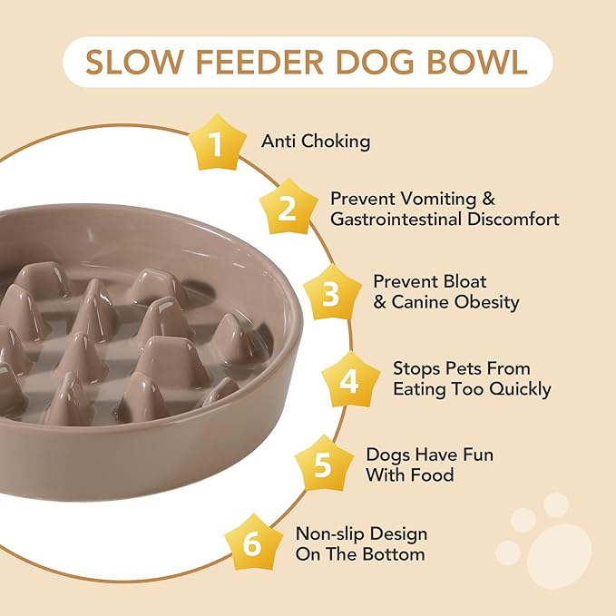 Ceramic 3.2 Cup Dog Raised Slow Feeder Set, Elevated Bowl with Wooden Stand for Large Dog, 9.5inch Slow Feeder Dish for Fast Easters, Anti-Gulping(Brown Coffee, Single Bowl+ Stand)