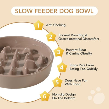 Ceramic 3.2 Cup Dog Bowl Slow Feeder, 9.5 inch Slow Pet Food Dish for Large Dog, Stop Bloat, Preventing Choking(Single Bowl, Brown Coffee)