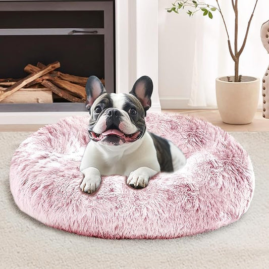 JOLLYVOGUE Small Dog & Cat Beds for Indoor Cats, Donut Cuddler Warming Soft Dog Beds with Anti-Slip Bottom, Round Calming Fluffy Plush Faux Fur Cushion Bed for Small Dogs (20", Smoke Pink)