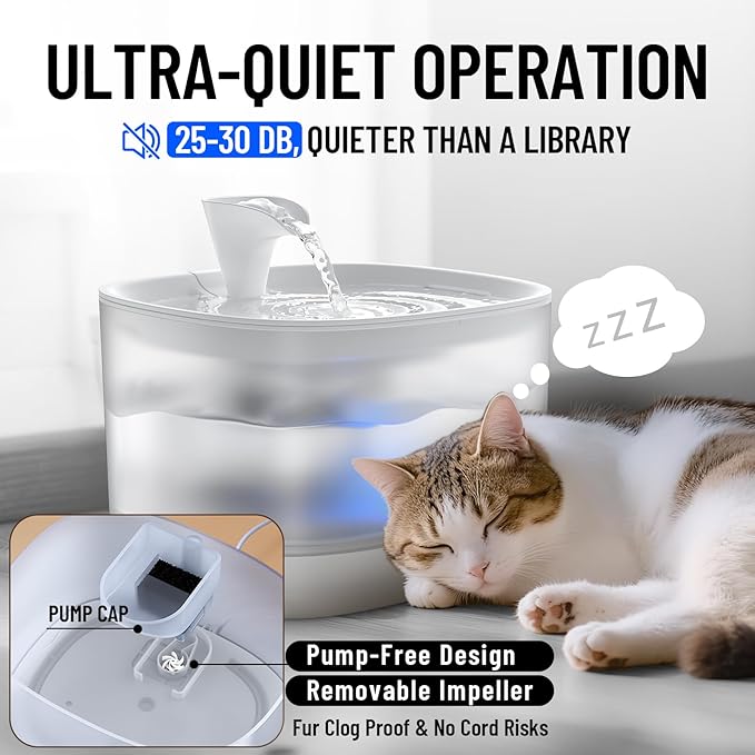 Veken Cat Water Fountain with Detachable Tank, Easy to Clean & Assemble, 84oz/2.5L Automatic Pet Drinking Dispenser with Quiet Operation & LED Light for Cats, Dogs and Small Pets, White