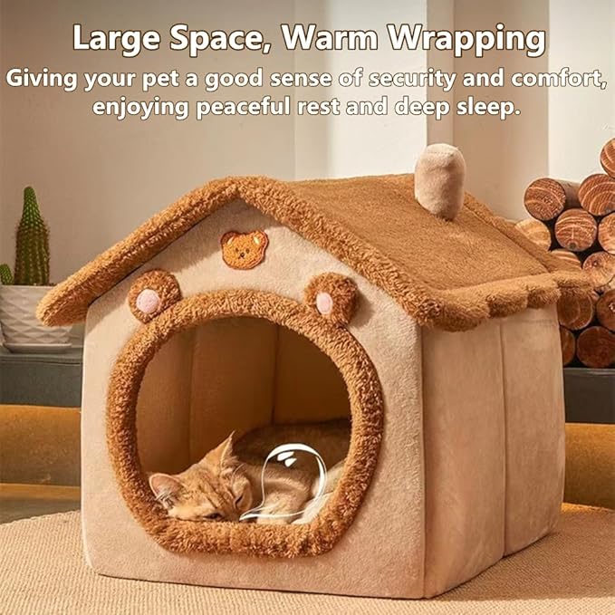 Cat Bed for Indoor Cats,Cozy Cat Cave Bed Cat House Cat Tent with Removable Cushion Pillow,Soft Warm Pet House Puppy Bed,Cute Bear Pet Nest for Cat Kitten Small Dogs (Brown, S-15.8x12.6x13.8 Inches)