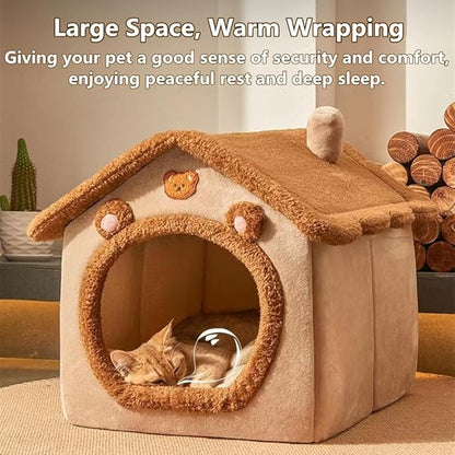 Cat Bed for Indoor Cats,Cozy Cat Cave Bed Cat House Cat Tent with Removable Cushion Pillow,Soft Warm Pet House Puppy Bed,Cute Bear Pet Nest for Cat Kitten Small Dogs (Brown, S-15.8x12.6x13.8 Inches)