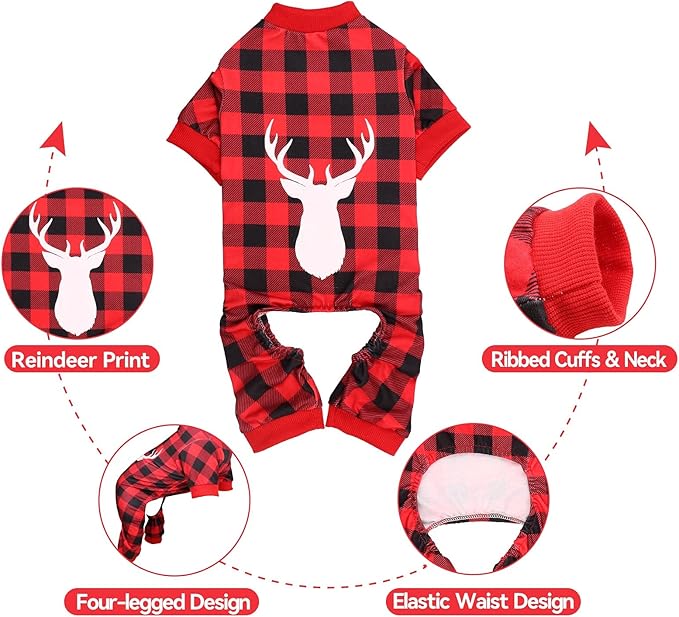 Dog Pajamas Buffalo Plaid with Reindeer Print Pet Onesie Dog Pet Super Soft and Stretchy Dog Christmas Pajamas for Small Medium Dogs(S/M)
