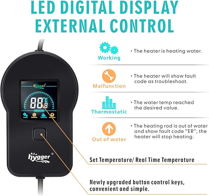hygger 500W Aquarium Heater, Submersible Fish Tank Water Heater with External Color LED Digital Temperature Controller, Fast Heating for 60~120 Gallon