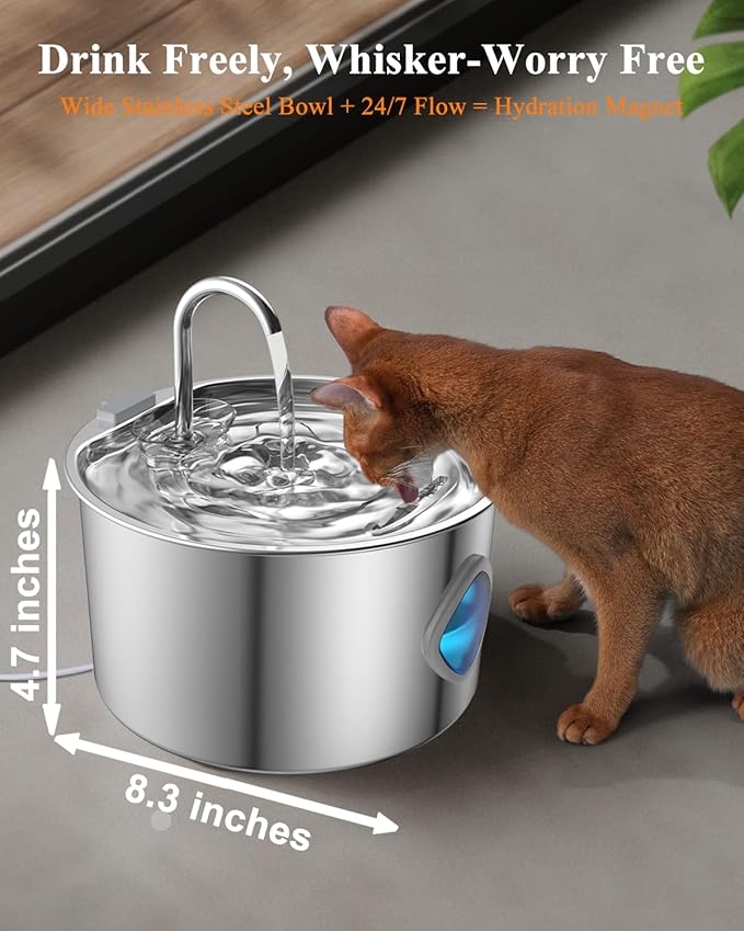 Cat Water Fountain Stainless Steel, 3.2L/108oz Automatic Pet Drinking Dispenser with Faucet & Flower Mode, Electric Metal Water Bowl for Indoor Cats S/M Dogs Pets, Quiet Waterer w/ 8 Filters & Sponges