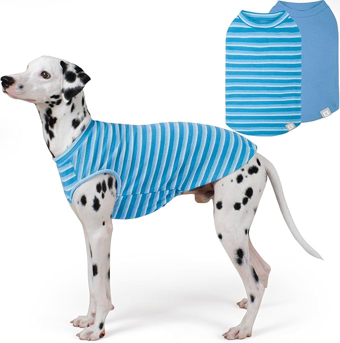 KYEESE 2Pack Waffle Dog Shirts for Large Dogs Stretchy T-Shirts Lightweight Tank Top Sleeveless Striped Shirt Vest Soft Breathable Pet Apparel, XXX-Large, Blue+Striped