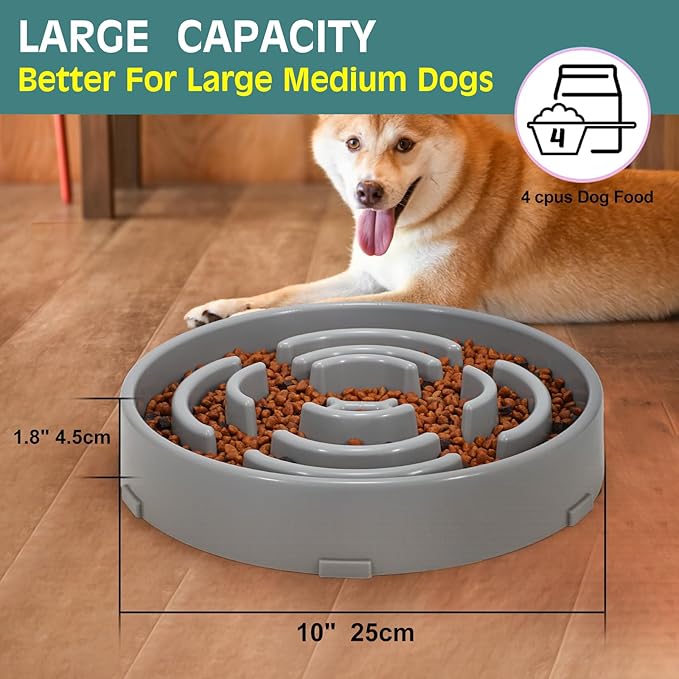 WHIPPY Large Slow Feeder Dog Bowls for Large Medium Dogs Anti-Chocking Slow Feeding Maze Dog Food Bowl Slow Eating Interactive Bloat Stop Puzzle Bowl,Gray