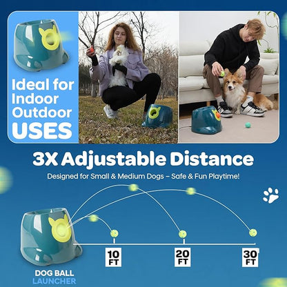 Automatic Small Dog Ball Launcher - Remote Control Interactive Fetch Machine Thrower for Small and Medium Sized Dogs with 6 High-Bounce Washable Latex Balls, Training Clicker, and Whistle – Blue
