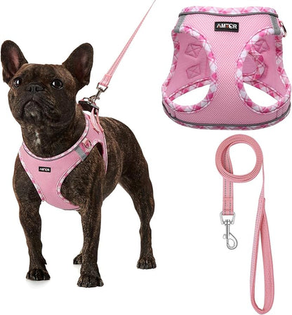 AMTOR Small Dog Harness with Leash Set, No Escape Easy Walk Puppy Harnesses for Training Walking, Step-in Reflective Soft Dogs Vest for XS S Medium Extra-Small Large Sized Dog(XL Size,Pink/White)