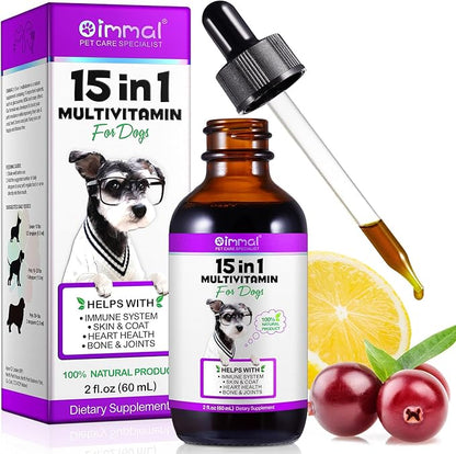Dog Multivitamin, 15 in 1 Dog Multivitamin Liquid Drops Supplements, Dog Vitamins for Support Skin & Coat, Heart Health, Bones, Joint, Immune System Support, 60ml