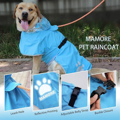 Waterproof Dog Raincoat, Reflective Adjustable Hooded Dog Rain Coat, Lightweight Breathable Pet Rain Jacket Poncho Double Layer with Leash Hole for Small Medium Large Dogs (Blue, XX-Large)