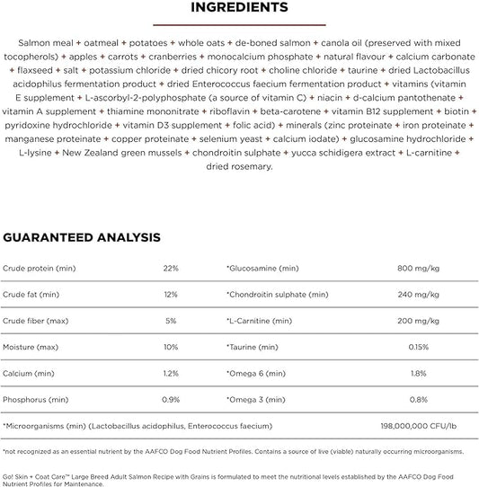 Go! Solutions Skin + Coat Care, Dry Dog Food, Large Breed Adult Salmon Recipe with Grains, 12 lb Bag