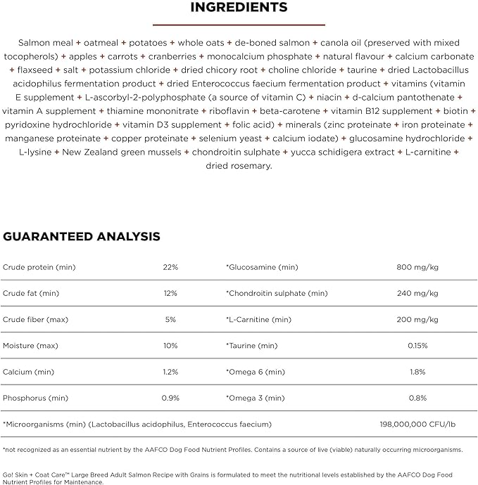 Go! Solutions Skin + Coat Care, Dry Dog Food, Large Breed Adult Salmon Recipe with Grains, 25 lb Bag