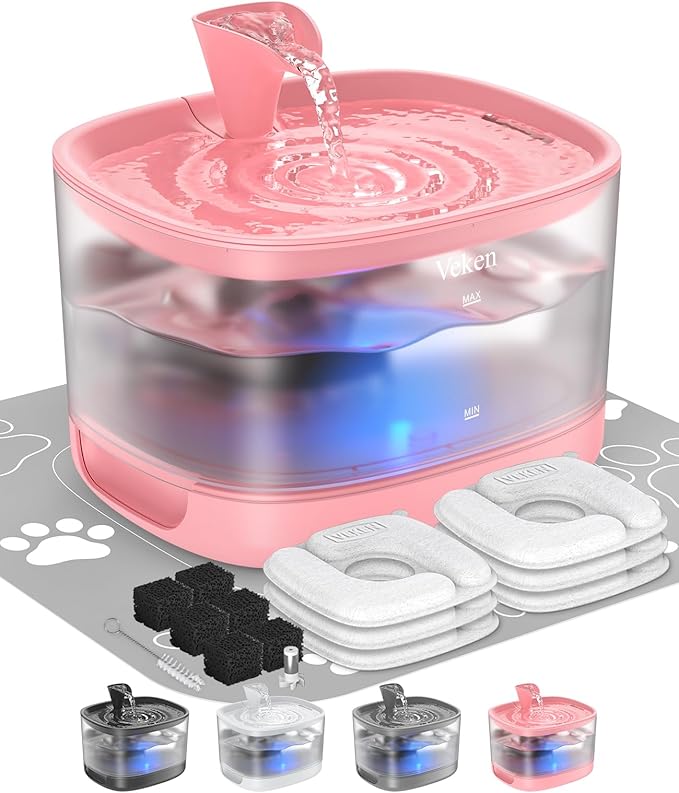 Veken Cat Water Fountain with Detachable Tank, 6 Filters & 6 Sponges, Easy to Clean & Assemble, 84oz/2.5L Pet Drinking Dispenser with Quiet Operation & LED Light for Cats, Dogs and Small Pets, Red