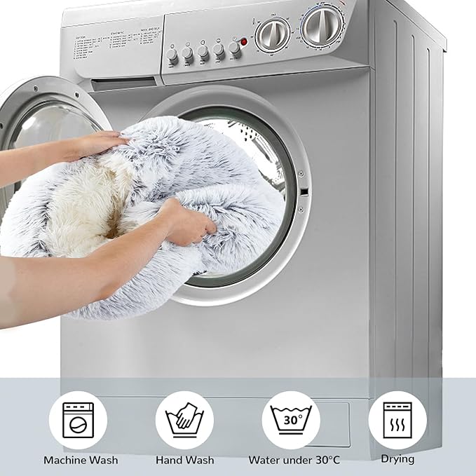 Calming Cat Beds, Fluffy Plush Round Cat Cave Washable, Cozy Warming Anti-Slip Small Dog Bed for Puppy and Kitten, Soft Anti Anxiety Pet Nest (28×28 inch, Grey)