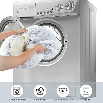 Calming Cat Beds, Fluffy Plush Round Cat Cave Washable, Cozy Warming Anti-Slip Small Dog Bed for Puppy and Kitten, Soft Anti Anxiety Pet Nest (28×28 inch, Grey)