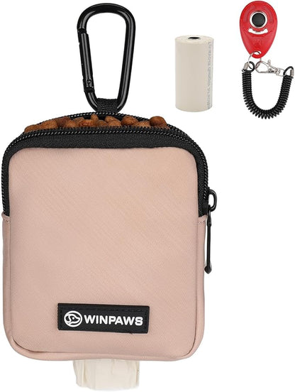 Dog Treat Pouch with Training Clicker,Waterproof Nylon Fabric Poop Bag Holders for Leashes,Hands Free Small Dog Walking Bag with Carabiner, Pet Puppy Training Walking Essentials (Coffee)