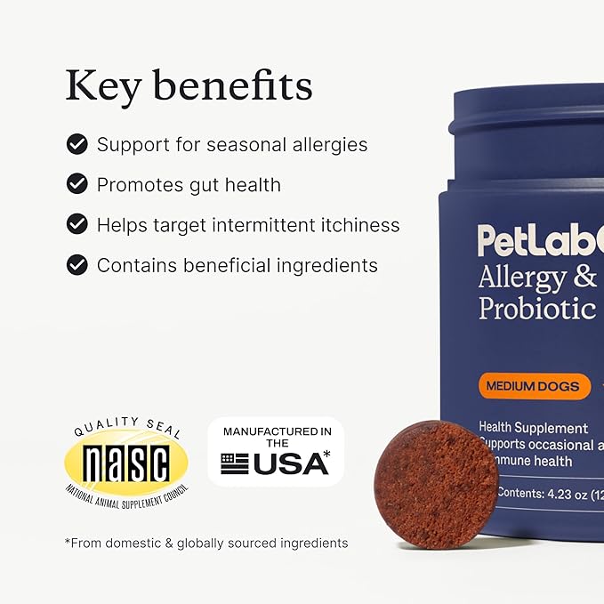PetLab Co. Allergy & Immune Daily Probiotics for Dogs. Supports Yeast Production, Seasonal Allergies, Intermittent Itchiness, Gut & Digestive Health for Medium Size Dogs, Packaging May Vary