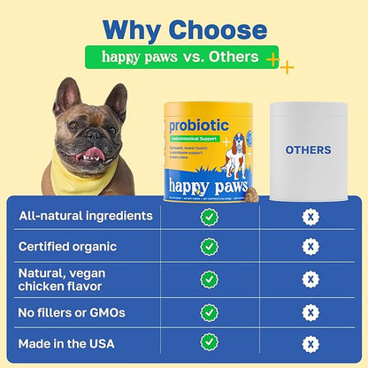 Happy Paws Probiotic Supplement for Dogs, Gut, Skin, Coat & Immune Support for All Breeds & Ages, Made with Coconut Oil & Vitamin E, Vegan Chicken Flavor, Organic, Non GMO, 100 Soft Chews