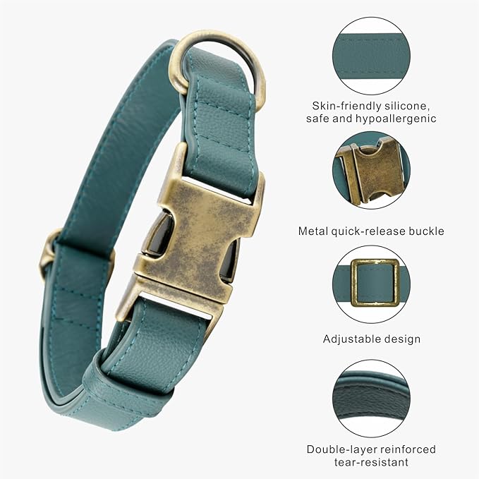 Silicone Dog Collar and Leash Set, Waterproof & Odor-Proof Puppy Collar for Small Dogs, Soft Flexible Leather-Look Dog Collars, Durable Thick Adjustable Pet Collar (Green, Small (9-14" Neck))